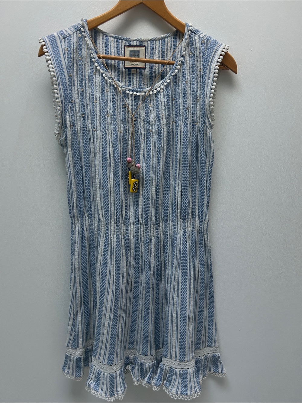 Alicia Bell Medium Blue and White Striped Tassel Dress 100%cotton
